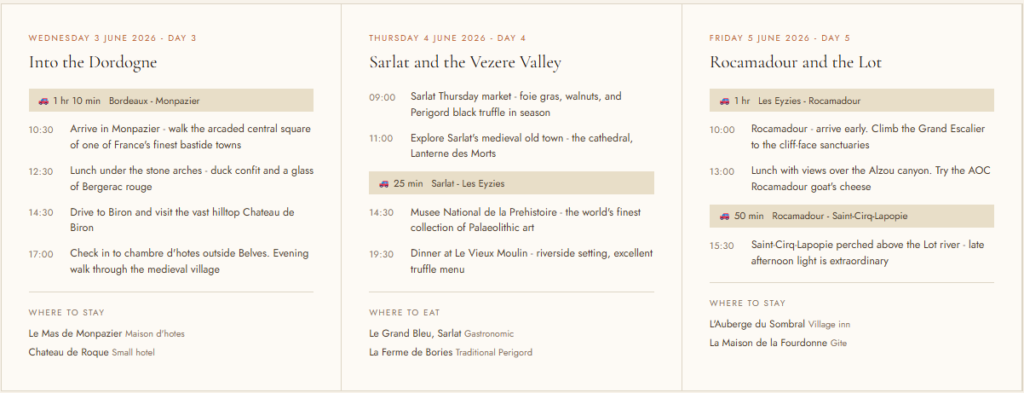 Excerpt from a 10-day itinerary generated for a couple travelling in June 2026 - Classic pace, Comfortable budget, arriving at Bordeaux–Mérignac
