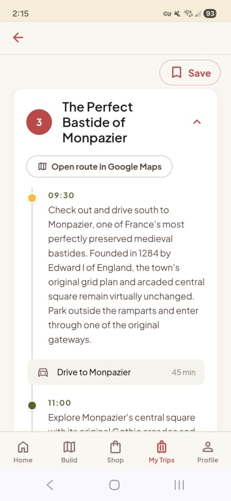Voyageur itinerary showing Day 3 in Monpazier with timed activities, drive duration card, and Google Maps route link