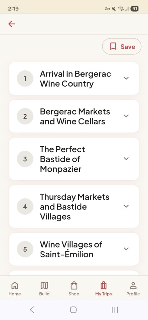 Voyageur app showing a complete 6-day Dordogne itinerary with all days listed including Bergerac, Monpazier, and Saint-Émilion